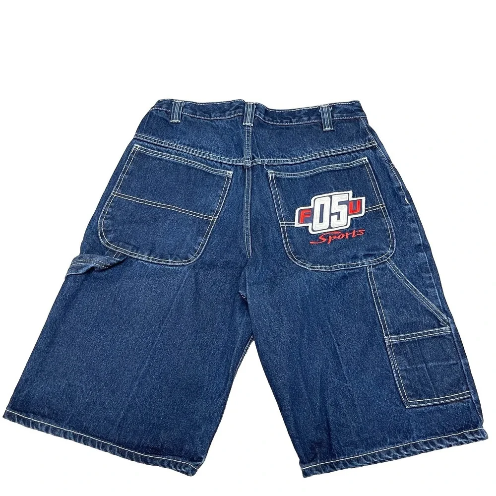 VTG Fubu Carpenter Shorts Men‎ 32 Blue Baggy Denim Embroidered Wide Leg Y2K Rap
